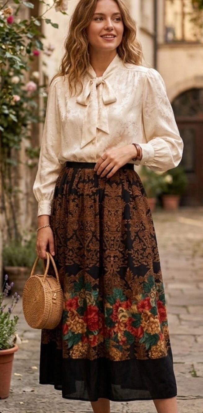 Vintage A.K. F. Floral Black and Brown Skirt with Red Roses